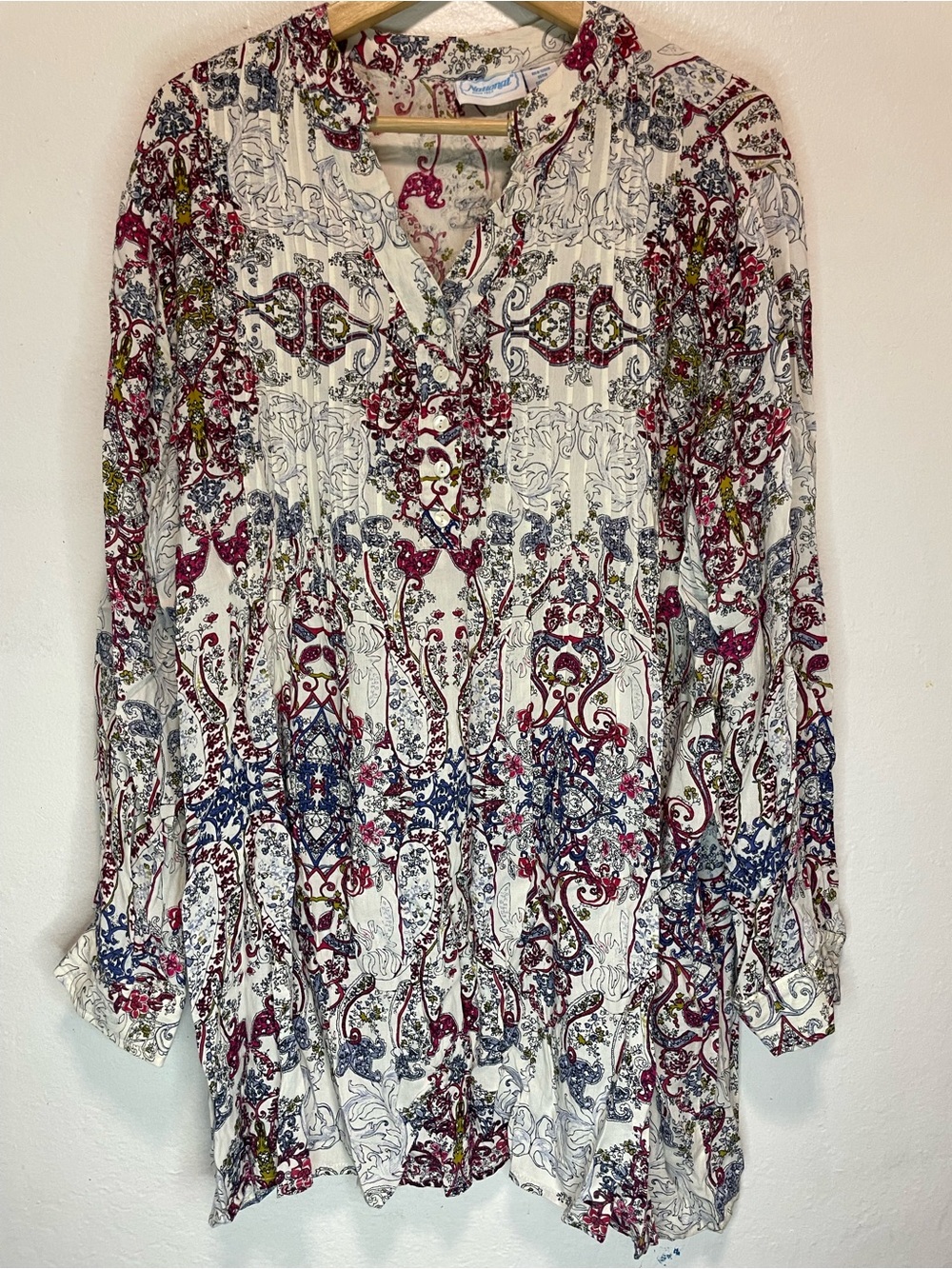 National Brand Boho Paisley Rayon Tunic in Cream, Burgundy & Blue